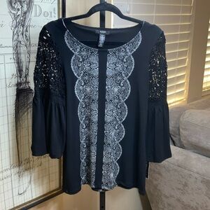 Avenue Elegant Black Blouse with Gray Lace Detail